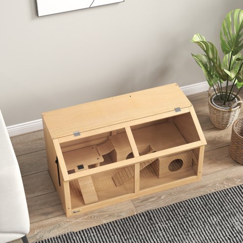 PawHut Wooden Hamster Cage, Gerbil Cage for Syrian Hamster with Exercise Play House, Openable Top 85 x 45 x 44cm - Nature