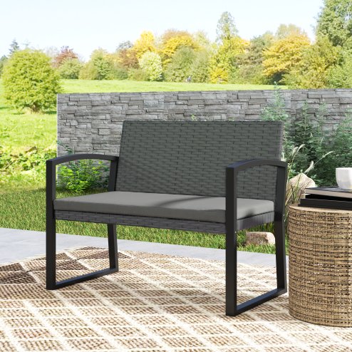 Outsunny 2 Seater Rattan Garden Bench, Outdoor Bench with Cushion, PE Wicker Garden Loveseat with Armrests, Galvanised Steel Frame for Patio, Park, Dark Grey