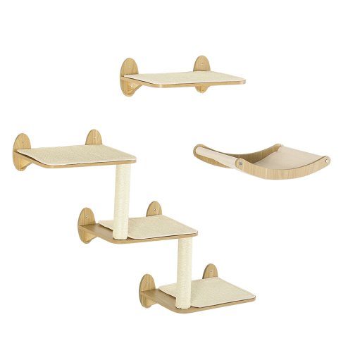 PawHut 3PCs Wall Mounted Cat Tree Cats Shelves, Climbing Shelf Set, Kitten Activity Center with Jumping Platforms Hammock Scratching Post, Oak