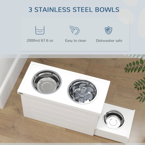 PawHut Raised Dog Bowls, Dog Feeding Station with Slow Feeder Mat, Storage Cabinet, 3 Stainless Steel Bowls, Semi-Auto Dispenser Function, for Large, Extra Large Breeds, White