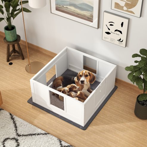 PawHut Whelping Box for Dogs, Dog Whelping Box, Dog Playpen Fence Exercise Play Pen with Water-Resistant Washable Whelping Pad, Adjustable Entrance, Non-Slip Pads, for Medium Dogs, Puppies, 100 x 96cm