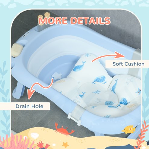 ZONEKIZ Foldable Baby Bath Tub Set, Collapsible Bathtub Antibacterial with Non-Slip Support, Cushion Pad, Shower Head Holder, for Newborn to Toddler Ages 0-6 Years - Blue
