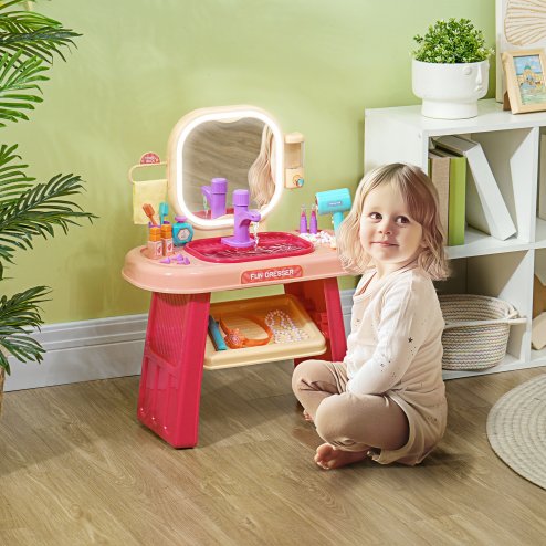 AIYAPLAY Kids Dressing Table, Kids Vanity Table with Mirror LED Light, Music, 23 Accessories, for 3-6 Years - Pink