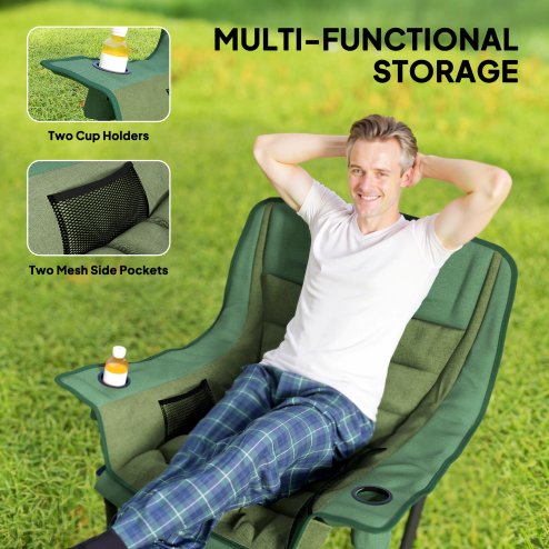 Outsunny Folding Camping Chair for Adults, Portable Padded Folding Chair with Cup Holders, Side Pockets and Carry bag for Picnic, Hiking, Fishing, Olive Green