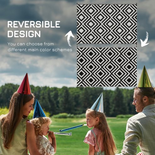 Outsunny Reversible Outdoor Rug with Carry Bag, Waterproof Plastic Straw Mat for Garden, Deck, RV, Picnic, Beach, Camping, 182 x 274cm, Black & White