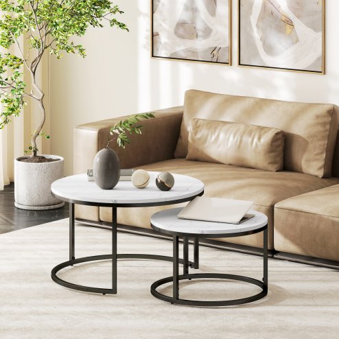 HOMCOM Round Nesting Coffee Table Set of 2, Large Stacking End Side Table with Steel Frame for Living Room, Bedroom, Home Office, 78.5 x 78.5 x 46.5 cm, Marble White