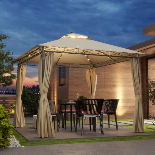 Outsunny 3 x 3 m Garden Gazebo, Double Roof Metal Gazebo with Curtains and Solar-Powered LED Lights, Outdoor Canopy Shelter for Patio, Deck, Beige