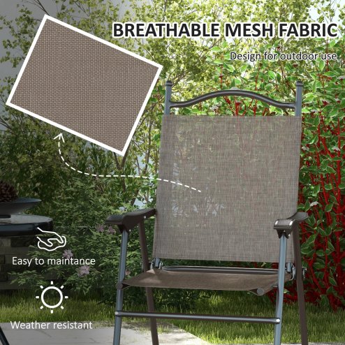 Outsunny Folding Chairs Set of 2, Garden Chair with Armrest, Breathable Mesh Fabric Seat, Camping Sports Chairs for Adults, Mixed Brown