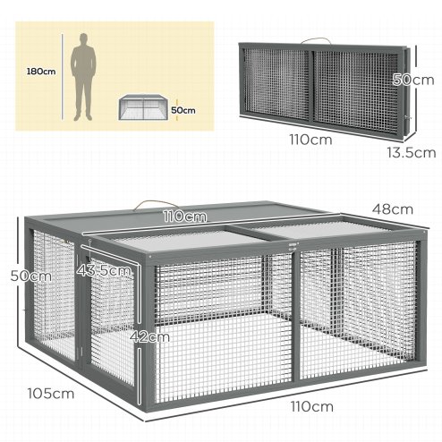 PawHut Rabbit Hutch, Folding Portable Wooden Rabbit Run with Openable Top, for 2-3 Rabbits, Guinea Pig Run for Outdoor, Garden - Grey