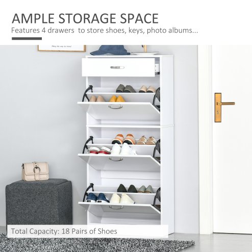 HOMCOM Shoe Cabinet with 3 Flip Drawers, High Gloss Shoe Storage Cabinet with Top Drawer and Adjustable Shelves, Shoe Cupboard for 18 Pairs