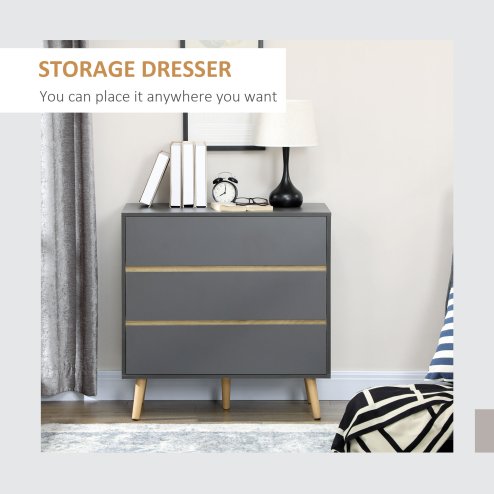 HOMCOM Chest of Drawers, 3-Drawer Storage Cabinet Organiser with Wood Legs for Bedroom, Living Room, Dark Grey