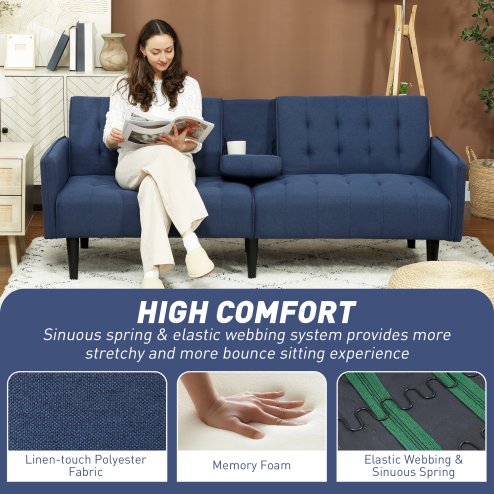 HOMCOM Click Clack Sofa Bed, Linen-Feel Fabric 3 Seater Sofa for Living Room/Spare Room/Guest Room, Bed Settee with Cup Holders