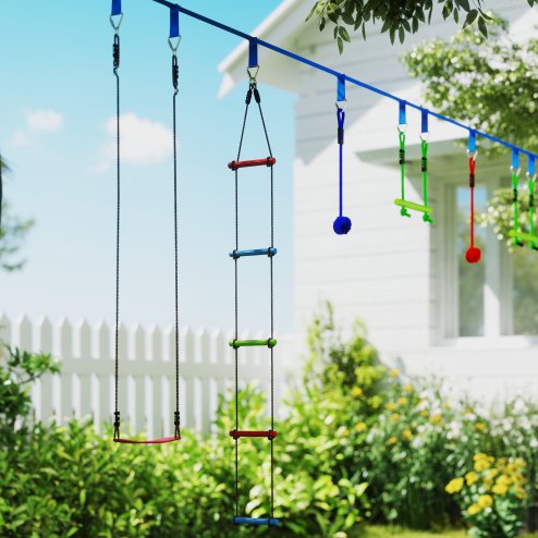 AIYAPLAY Zip Line Kit for Kids, 10-Piece Outdoor Obstacle Course for Kids, 10m Kids Slackline Kit with Monkey Bars, Swing, Climbing Ladder, Hanging Tray, Metal Rings, Gripping Balls, Multicoloured