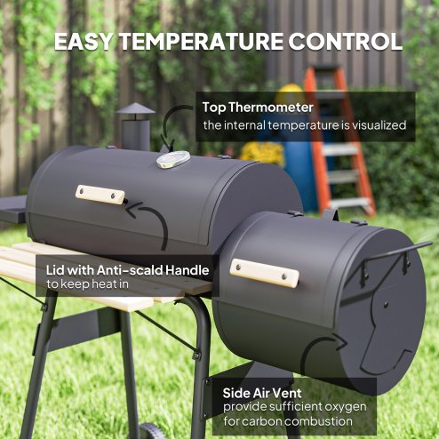 Outsunny Charcoal Barbecue Grill with Offset Smoker, Barrel BBQ Trolley with 3 Storage Shelves & Thermometer for Outdoor Garden Camping Picnic Cooking, Black