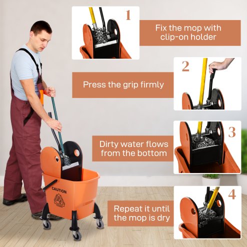 HOMCOM 26L Mop Bucket with Wringer, Mop Bucket on Wheels with Carry Handle, Mop Holder, Plastic Body for Household, Orange