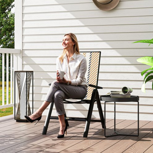 Outsunny Rattan Folding Chair Outdoor, 5-Position Adjustable Wicker Garden Dining Chair with High Backrest, Wide Armrest, for Patio, Terrace, Balcony, Orange