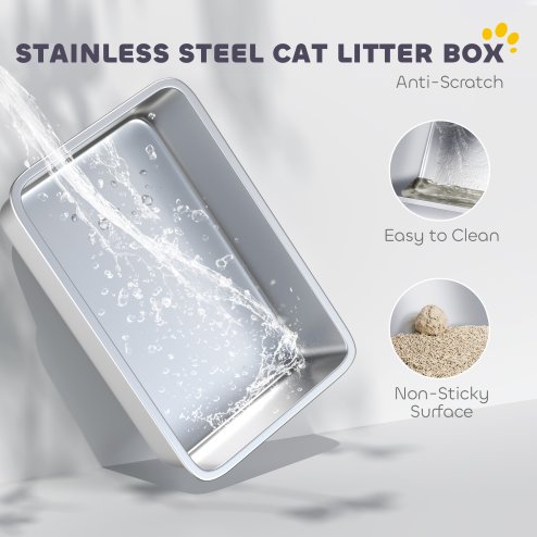 PawHut Stainless Steel Cat Litter Tray, Extra Large Enclosed Litter Box for Large Cats with Scoop, Flip Top, Easy Cleaning, Light Grey
