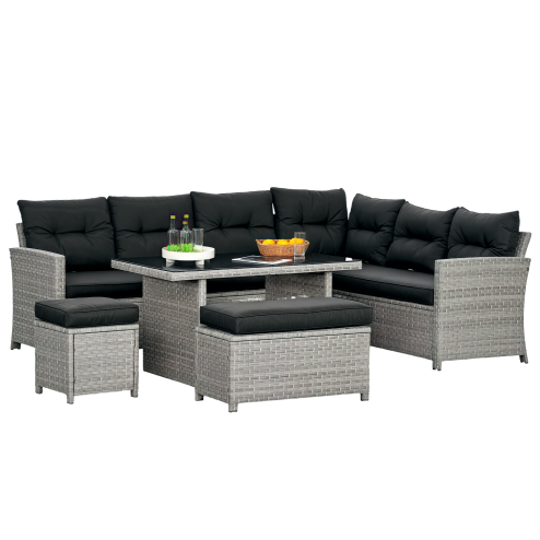 Outsunny 5 Pieces PE Rattan Garden Furniture Set with Corner Sofa, Patio Sofa Set with Glass Table, Stools, Cushions, for Poolside, Mixed Grey