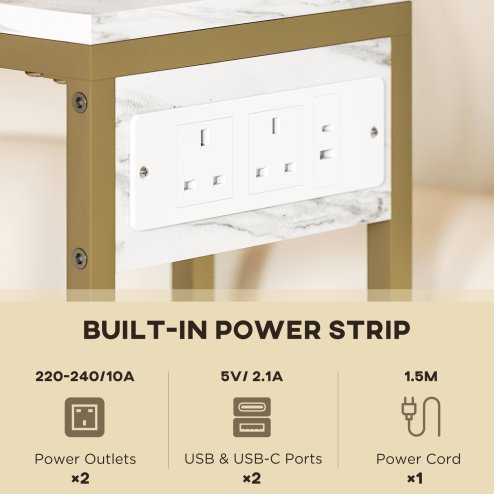 HOMCOM C Shaped Side Table with Storage and Charging Station, Faux Marble Narrow Bedside Table with Fabric Storage Bag and Steel Frame for Living Room, Bedroom, White