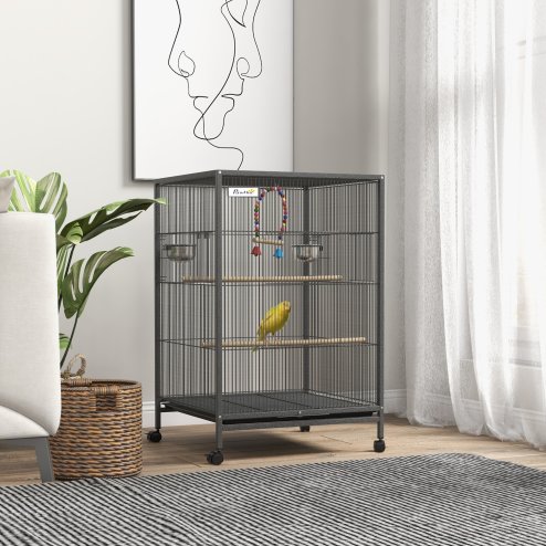 PawHut Bird Cage, Budgie Cage, Parrot Cage, with Rolling Stand, Stainless Steel Bowls, Swings, Removable Tray for Small Parrot, Budgie, Lovebird - Grey