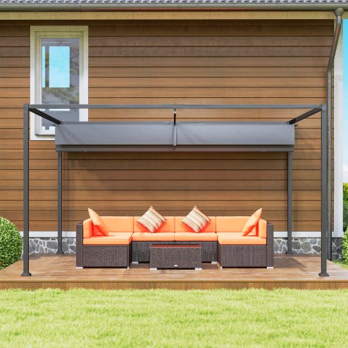 Outsunny 4 x 3(m) Metal Outdoor Pergola with Retractable Roof, Outdoor Gazebo with Drainage Holes for Garden, Patio, Lawn, Grey