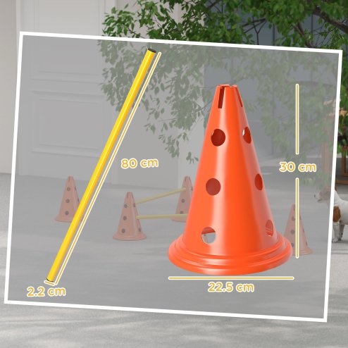 PawHut Dog Agility Set, Portable Pet Jump Training Equipment Kit for Six Cones, Six Poles with Carry Bag, Three-Piece Adjustable Height Jumping Obstacles, Orange
