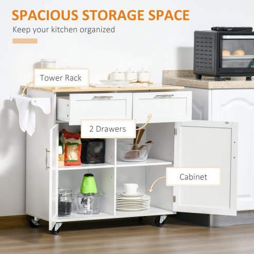 HOMCOM Kitchen Island Utility Cart, with 2 Storage Drawers & Cabinets for Dining Room, White