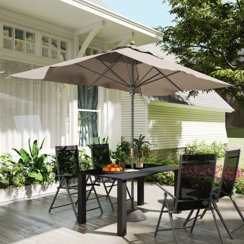Outsunny Garden Table with Parasol Hole for 6 Person, Rectangle Outdoor Dining Table with Slatted Metal Tabletop, Steel Frame for Patio, Balcony, 150 x 90 x 73 cm, Black