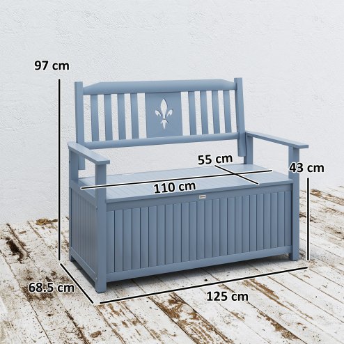 Outsunny 2 Seater Garden Storage Bench, 164L Outdoor Storage Box with Backrest Flower Pattern, Wooden Garden Bench with Armrests, 125 x 68.5 x 97cm, Grey