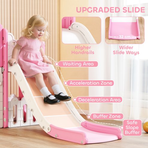 AIYAPLAY 7 in 1 Toddler Slide Set with Basketball Hoop, Outdoor & Indoor Frog Theme Playset with Climbing Frame, Telescope, Drawing Board, Storage Box for Toddlers Ages 1-3, Pink
