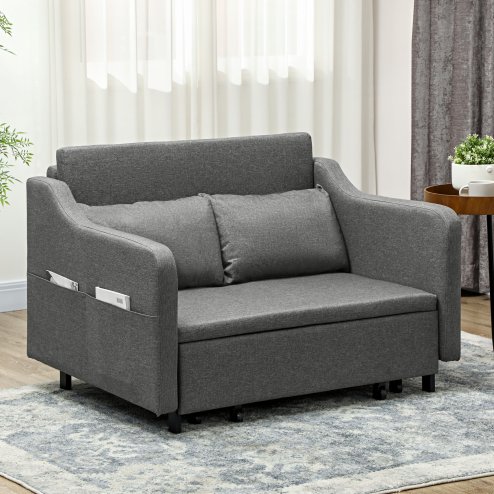 HOMCOM Pull Out Double Sofa Bed, Fabric 2 Seater Sofa Couch with Pillows and Side Pockets, Convertible Sleeper for Living Room, Grey