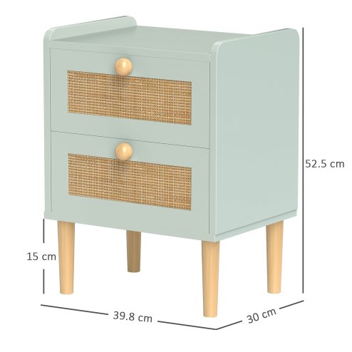 HOMCOM Bedroom Chest of Drawers, Boho Rattan Dresser with 2 Drawers, Storage Cabinet for Living Room, Hallway, Entryway, Olive Green