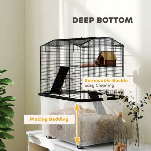 PawHut Hamster Cage, Gerbil Cage 3 Tier with Wheels, Deep Bottom, Ramps, Food Dish, Water Bottle, for Dwarf, Syrian, 57 x 43 x 74cm - Black