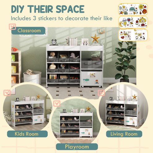 AIYAPLAY Kids Toy Storage Unit, Children Toy Box Organiser with 11 Fabric Bins, Cabinet, Top Shelves, 3 Stickers, Kids Storage Unit Bookshelf for Nursery, Playroom, Kindergarten, White