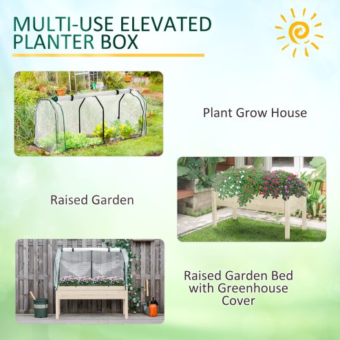 Outsunny Raised Garden Bed with PE Greenhouse Cover, Outdoor Elevated Wood Planter Box for Herbs and Vegetables, Use for Patio, Garden, Balcony, 121 x 55 x 117cm, Nature Wood Finish