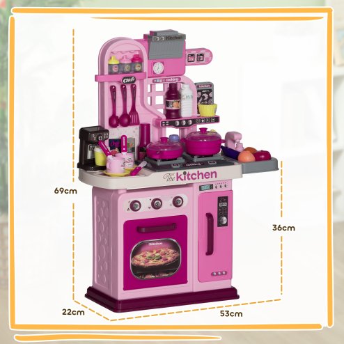 AIYAPLAY Kids Kitchen, Toy Kitchen, Toddler Pretend Play Kitchen with 33-Piece Accessories, Lights, Sounds, for Ages 3-6 Years, Pink