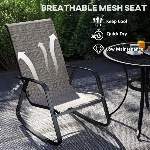 Outsunny Garden Rocking Chair, Ergonomic Outdoor Rocking Chair with Armrests, High Backrest, Steel Frame Relaxing Rocker Armchair Seat for Patio, Balcony, Porch, Light Brown