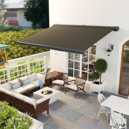 Outsunny 4 x 3(m) Full Cassette Electric Awning with Remote Controller, Aluminium Frame DIY Retractable Garden Awning, UPF50+ Sun Shade Canopy for Deck Door Window, Dark Grey