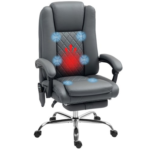 HOMCOM Executive Office Chair with 6-point Massage and Heat, PU Leather Reclining Desk Chair with Tufted High Back, Height Adjustable, Swivel Wheels, Footrest, for Home, Light Grey