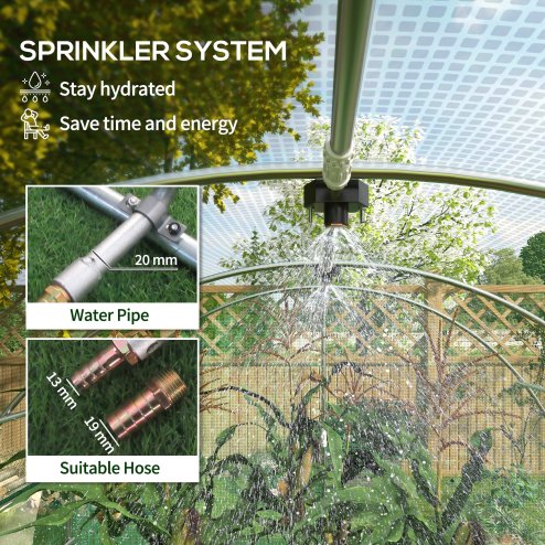 Outsunny 4 x 3(m) Polytunnel Greenhouse with Sprinkler Irrigation System, Walk-in Green House for Garden with Wide Roll-up Door, 8 Mesh Windows, Galvanised Steel Frame, Green