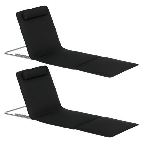 Outsunny Set of 2 Foldable Garden Beach Chair Mat Lightweight Outdoor Sun Lounger Seats Adjustable Back Metal Frame PE Fabric Head Pillow w/ Carry Bag, Black