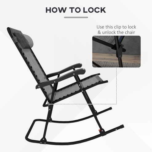 Outsunny Garden Rocking Chair Folding Outdoor Adjustable Rocker Zero-Gravity Seat with Headrest Camping Fishing Patio Deck, 95 x 64 x 106 cm - Grey