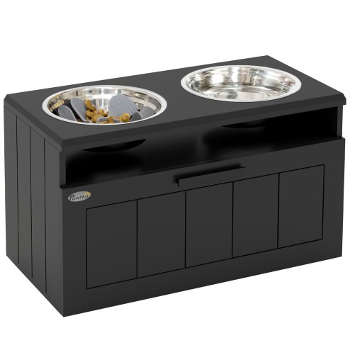 PawHut Raised Dog Bowl, Elevated Pet Bowls with Slow Feeder, Two Stainless Steel Bowls, Drawer, for Large & Extra Large Dogs, Black