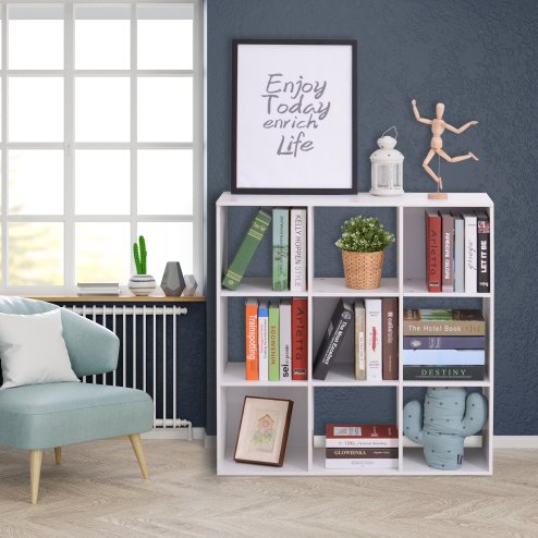 HOMCOM 3 Tier Bookshelf, Modern Cube Bookcase with 9 Open Storage Compartments, Freestanding Display Storage Unit for Living Room, Bedroom, Study, White