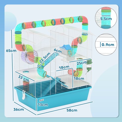 PawHut 4 Tier Hamster Cage with Tube, Exercise Wheel, Hut, Water Bottle, Food Dish, Ramps, DIY Design, Large Hamster Cage for Dwarf, Light Blue
