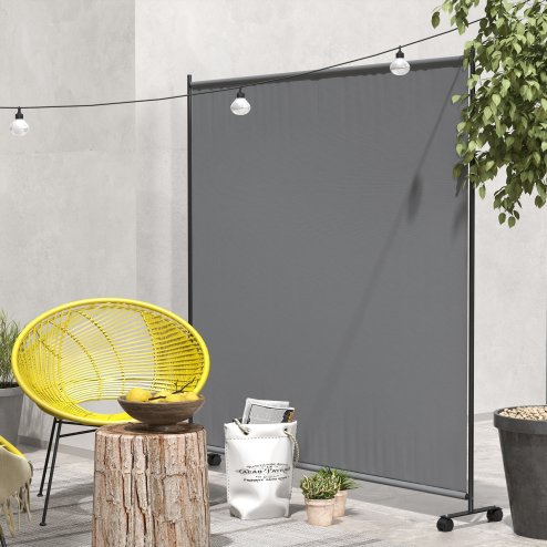 Outsunny Decorative Garden Partition Screen with Lockable Wheels, 6FT Portable Privacy Screen, Single Freestanding Metal Room Divider Panel for Garden Hot Tub Deck Pool, Dark Grey