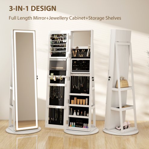 HOMCOM 360 Swivel Mirror Jewellery Cabinet with 3 Colour LED Lights, Lockable Jewellery Organiser, Free Standing Full Length Mirror with Storage for Earrings, Necklaces, Rings and Lipsticks, White