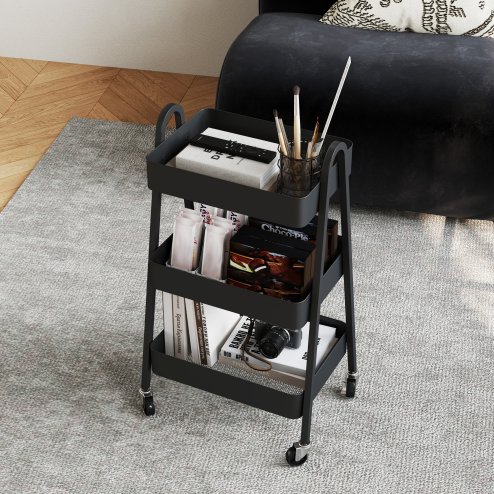 HOMCOM 3-Tier Storage Trolley on Wheels, Rolling Utility Cart with Handles, Mobile Kitchen Storage Cart for Living Room, Dining Room, Bedroom, Bathroom