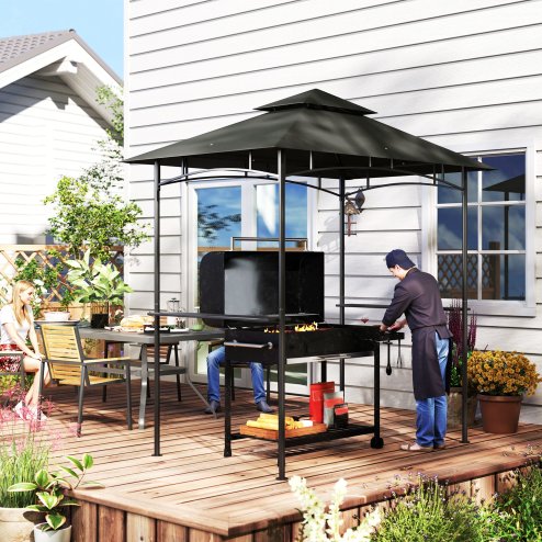 Outsunny 2.4 x 1.5 m (8' x 5') Grill Gazebo Canopy with LED Lights, Double Tiered Outdoor BBQ Gazebo Shelter with 2 Side Shelves, Storage Basket and Hooks for Garden, Barbecue, Picnic, Dark Grey