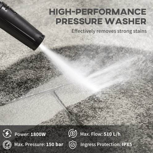 DURHAND 1800W High Pressure Washer, 150 Bar Pressure, 510 L/h Flow, High-Performance Portable Power Washer Jet Wash Cleaner with 6M Hose, Snow Foam Bottle for Garden, Car, Furniture, Green